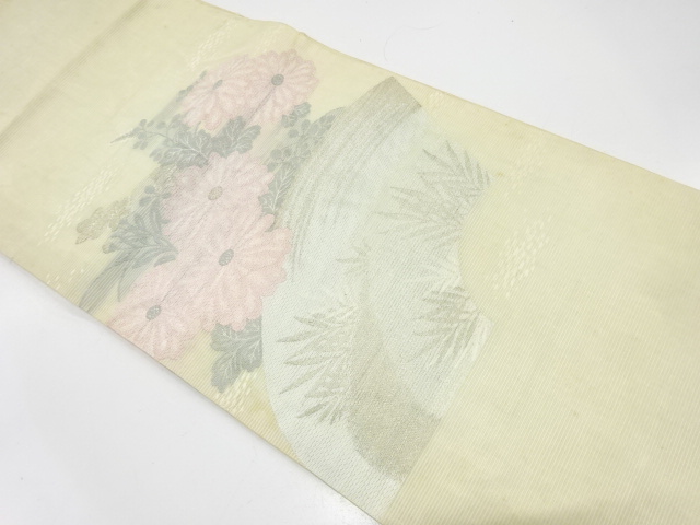 アンティーク　絽　地紙に菊・秋草模様織り出し丸帯（材料）